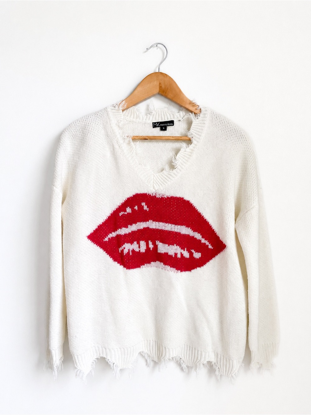 Metric Knits Distressed Red Lips Graphic Sweater Ivory
